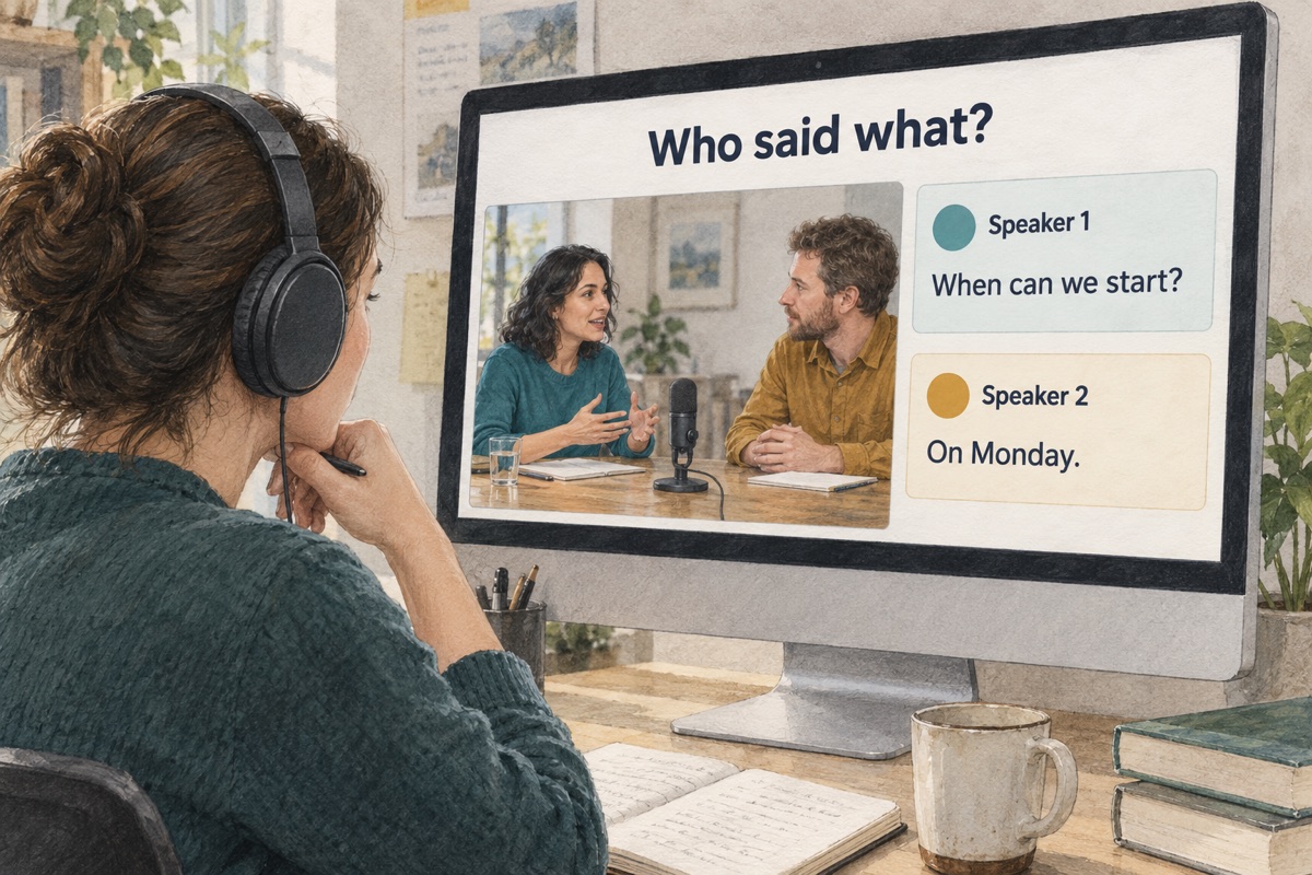 Illustration: A researcher listens to a recorded conversation and reviews words assigned to Speaker 1 and Speaker 2.