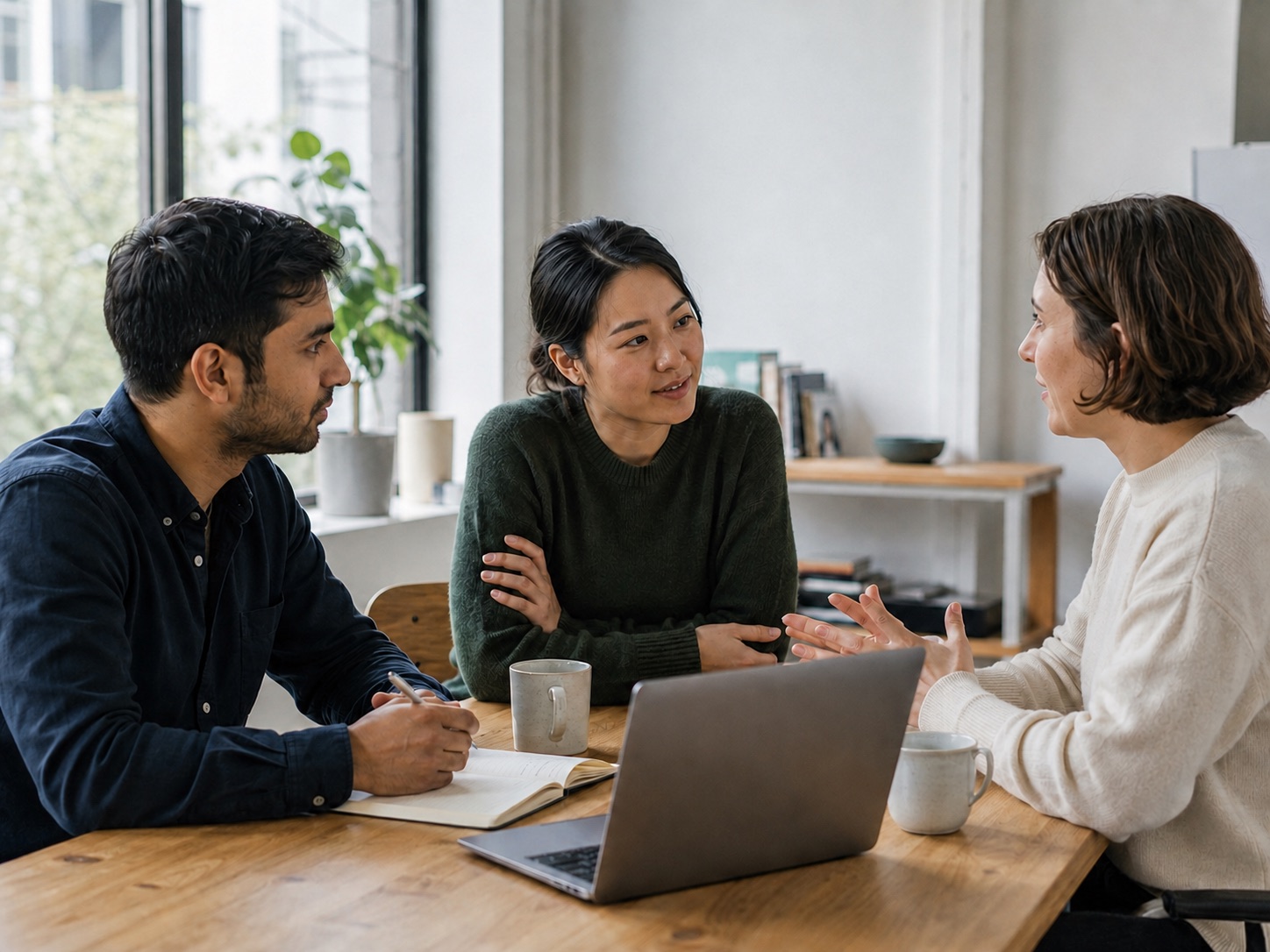 Illustrative founder listening to a potential customer while a colleague takes notes