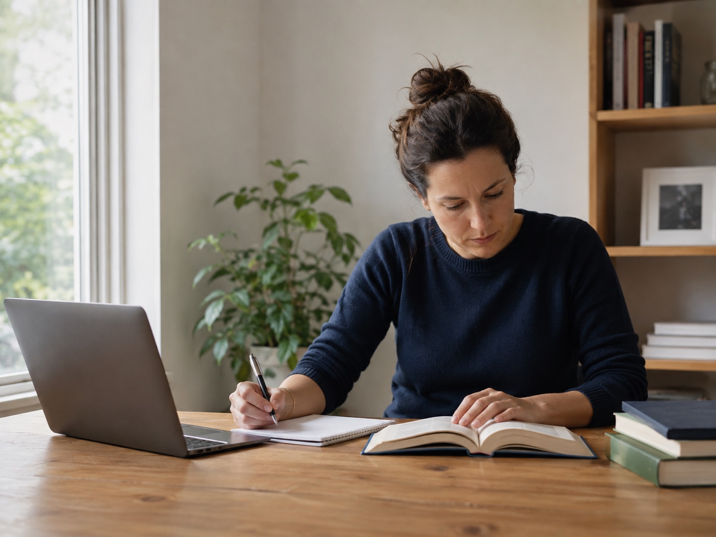 Illustrative professional comparing an open book with her own notes beside a laptop