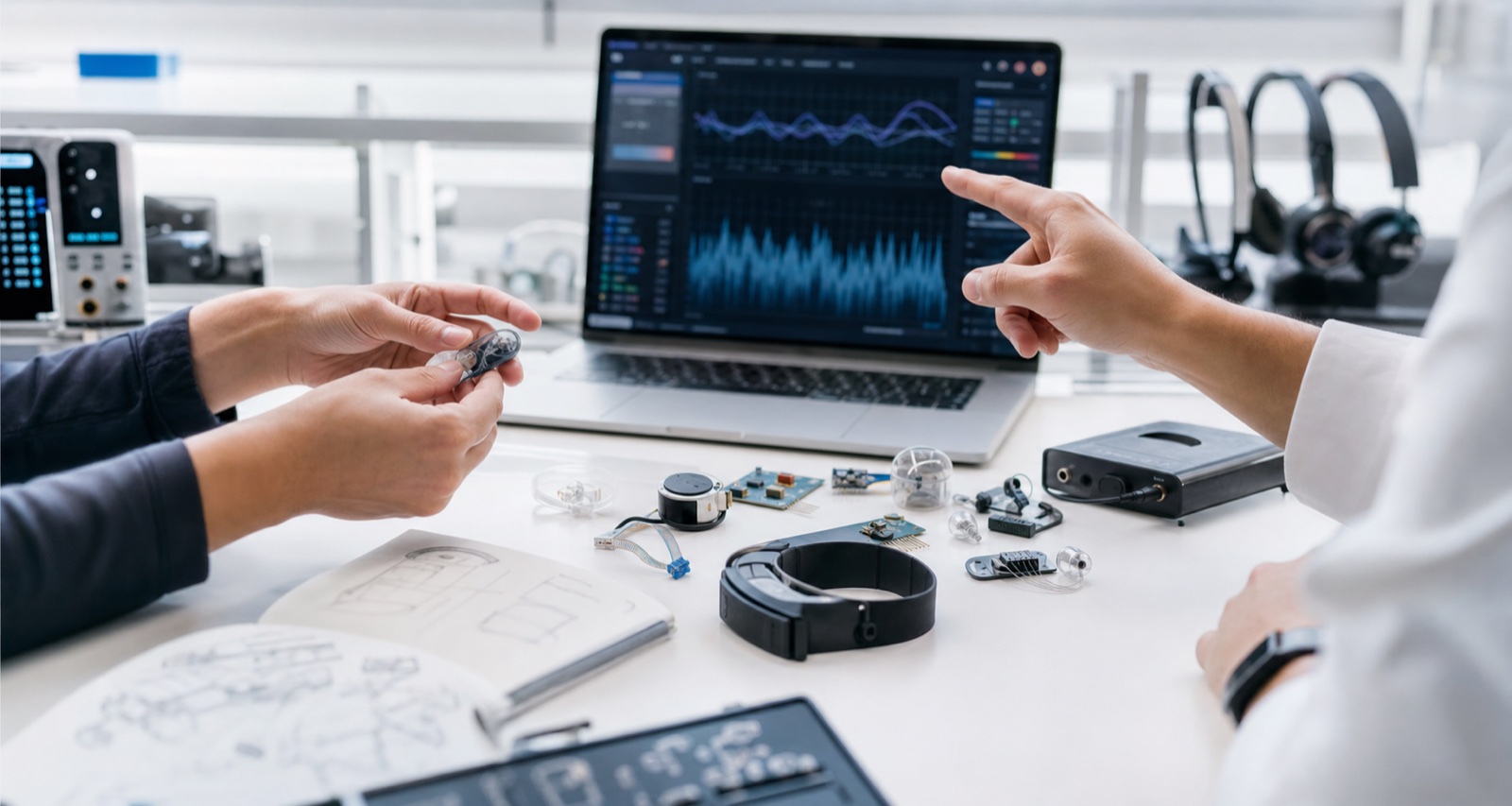 Hands arranging sensory-device prototypes beside a signal visualization workstation