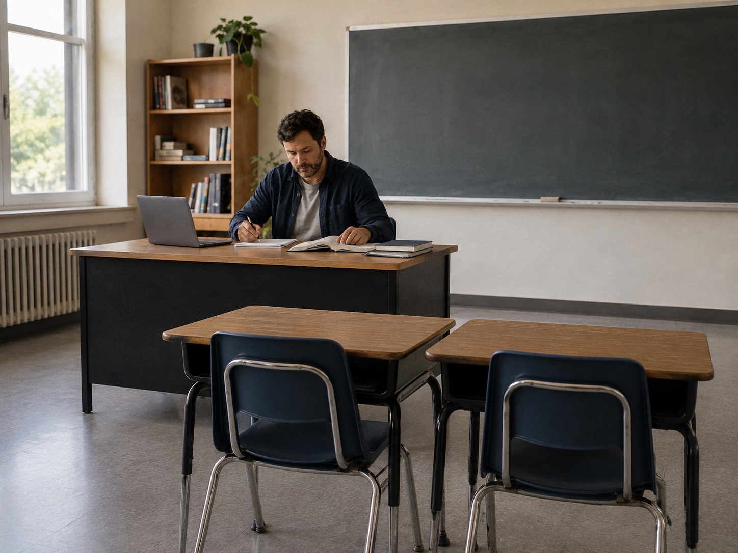 Illustrative secondary-school teacher preparing a lesson, with classroom desks facing the board