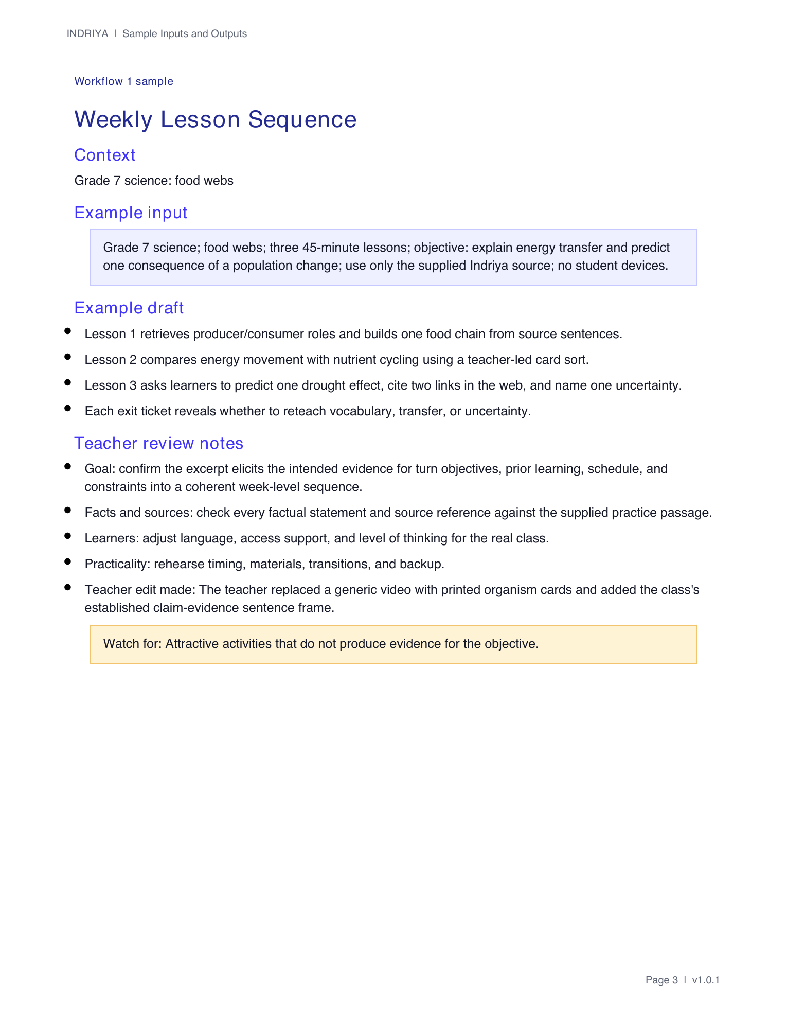 Actual Teacher Copilot package excerpt showing an example and review guidance