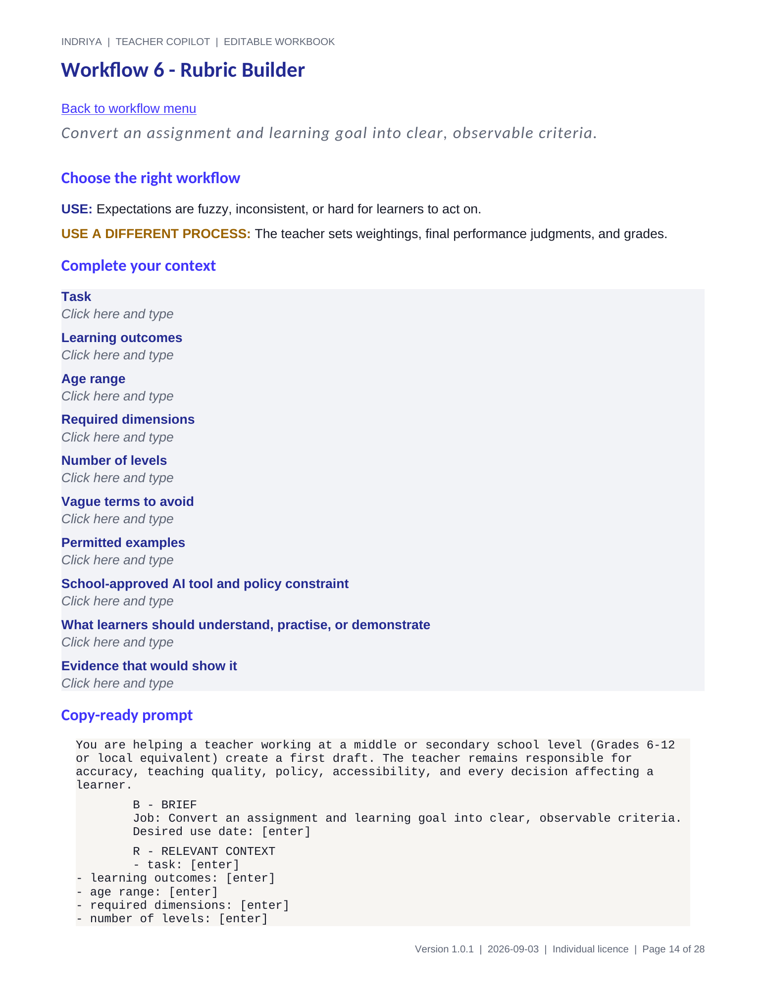 Actual Teacher Copilot workbook page with task context, output requirements and an editable prompt