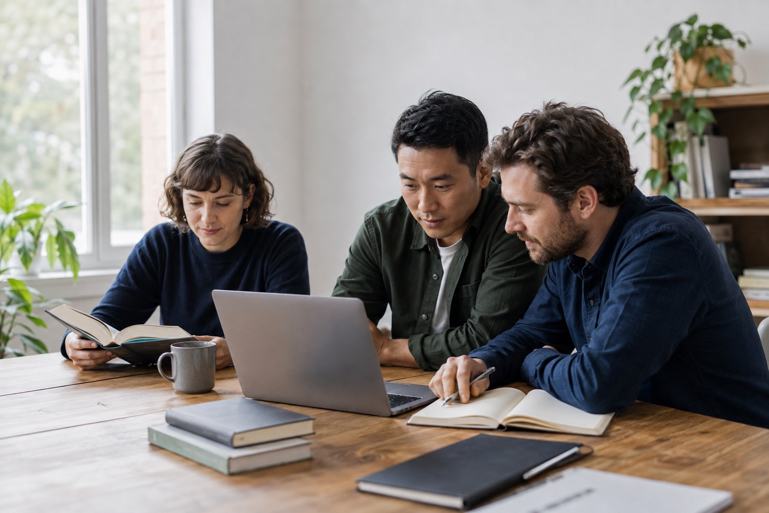 Illustrative scene of people bringing a book, notes and a laptop together to work through a shared task